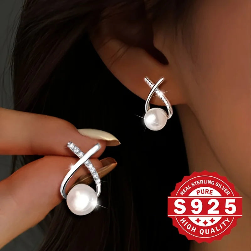 S925 silver, women's cross-tail shellfish pearl earrings, inlaid with synthetic zircon, elegant and suitable for daily wear Vera Lux