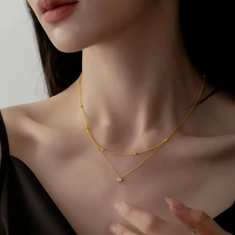 Stainless Steel Light Luxury Charm White Round Zircon Pendant Double layer Necklace Lady Classic Neck Chain Jewelry Vera Lux