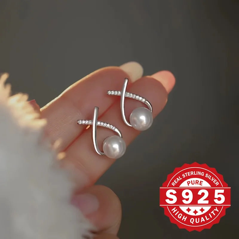 S925 silver, women's cross-tail shellfish pearl earrings, inlaid with synthetic zircon, elegant and suitable for daily wear Vera Lux