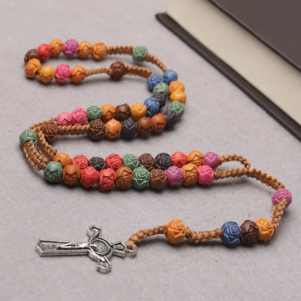 Christian Rose Beads Rosary Necklace For Women INRI Cross Crucifix Pendant Long Chain Female Fashion Religion Jewelry Gift Vera Lux