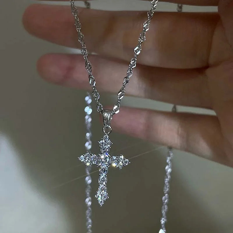 Shiny Crystal Zircon Cross Pendant Necklace for Women Girls Punk Silver Color Thin Chain Necklace Party Jewelry Birthday Gift Vera Lux