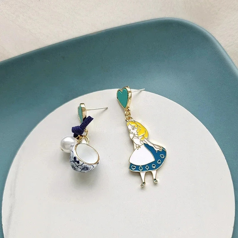 Carton Fairy Tale Princess Alice Asymmetry Earrings Imitation Pearl Blue Heart Dangle Earrings Cute Girls Enamel Earrings Vera Lux