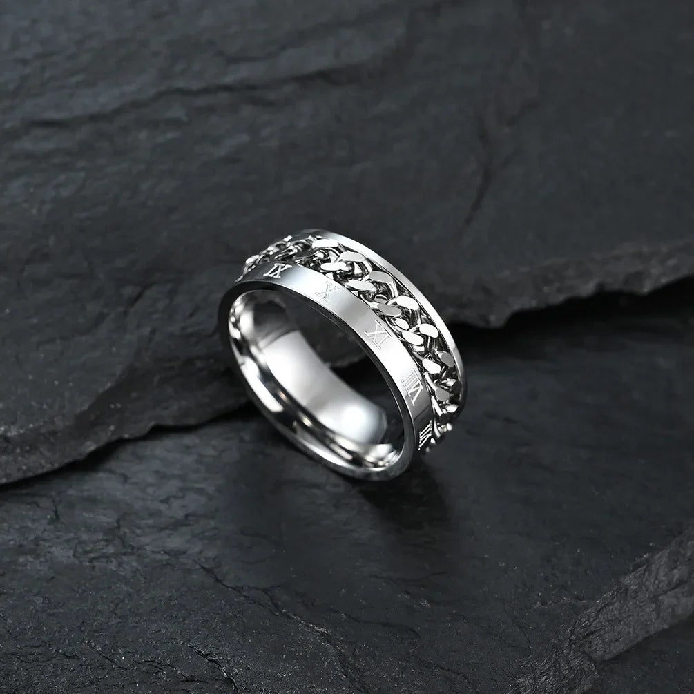 Roman Numerals Stainless Steel Chain Rotating Anxiety Black Rings For Men Fidget Metal Spinner Knuckle Ring Anillos De Hombre Vera Lux