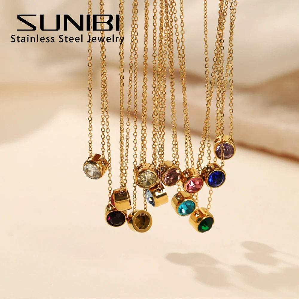 SUNIBI Stainless Steel Birthstone Necklace for Woman Gold Color Bride Designer Pendant Necklaces Birthday Gift Jewelry Wholesale Vera Lux