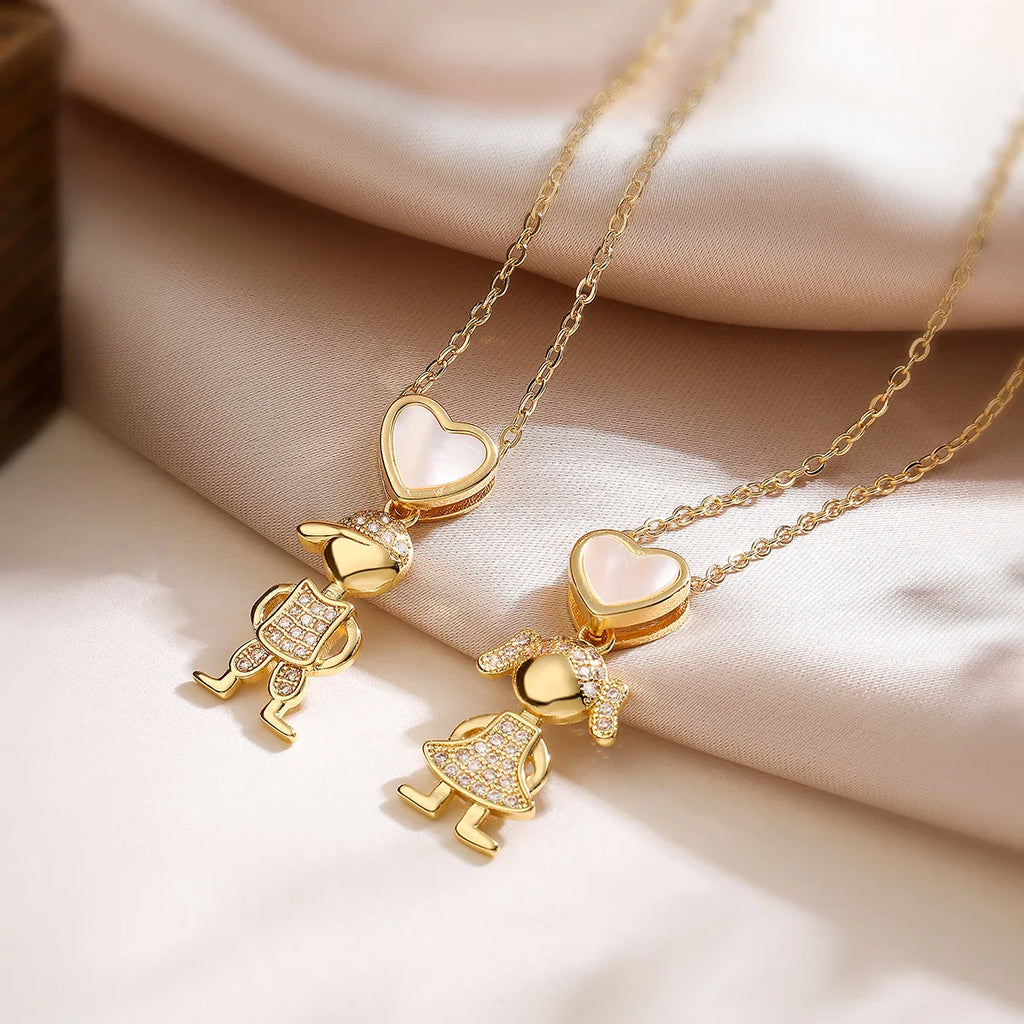 NEWBUY Delicae Gold Color Heart Boy & Girl Pendant Necklaces For Women Shiny CZ Inlay Jewelry Mother's Day Gift Vera Lux