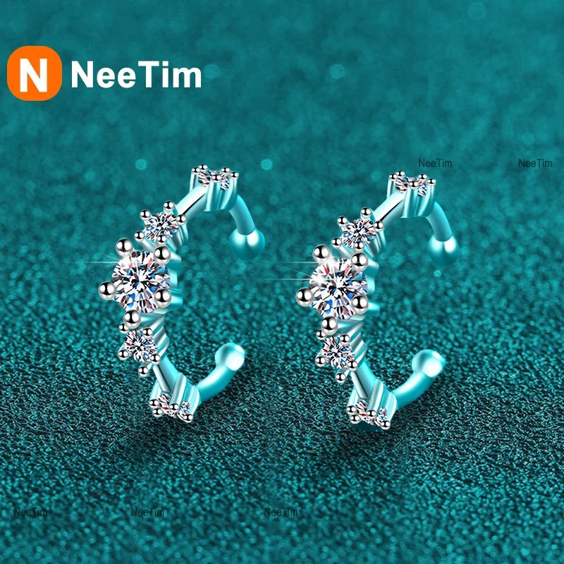 NeeTim Full Moissanite Clip Earrings Women Luxury Quality Hip Hop Party S925 Sterling Silver with White Gold Plated Hoop Earring Vera Lux