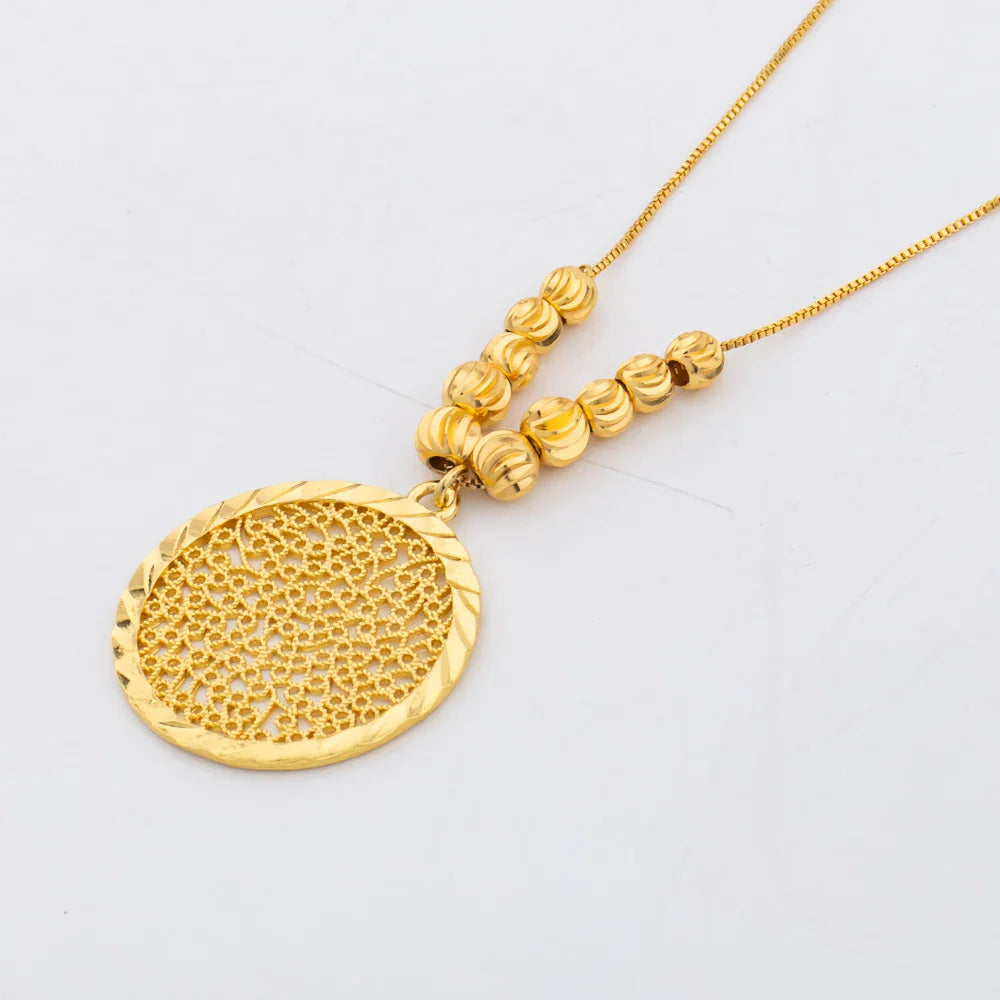 African Hoop Earrrings Necklace for Women Gold Plated Bead Chain Jewelry Set Dubai Classic Fashion Round Pendant Nigerian Gift Vera Lux