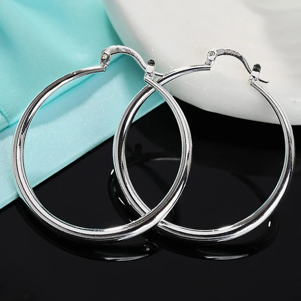 925 Sterling Silver 40mm Smooth Round Hoop Earrings For Women Wedding Party Elegant Luxury Quality Jewelry Accessories Vera Lux