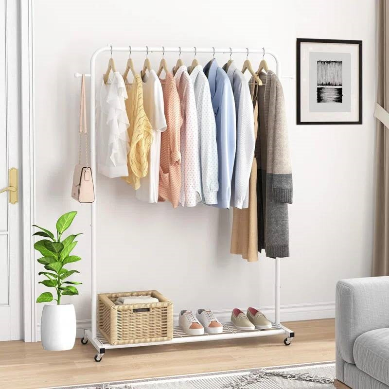 White Modern Garment Rack Clothes Hanging Rod with Lockable Wheels FastFurnishings