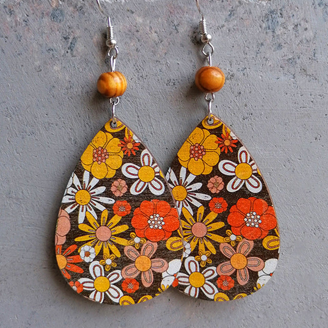 Fun Retro Flower Wood Floral Drop Earrings Rooted Home Goods