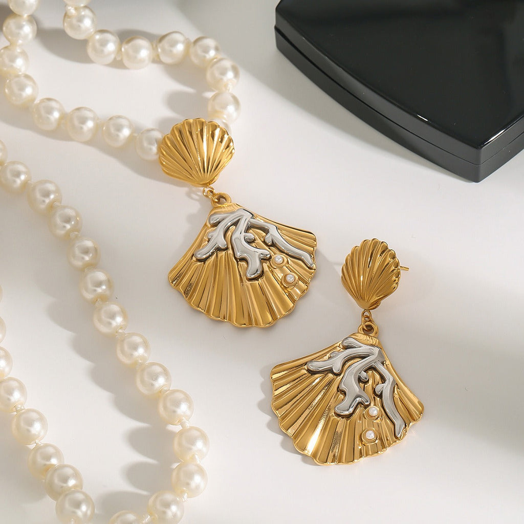 18K gold shell inlaid pearl exquisite design unique earrings Vera Lux