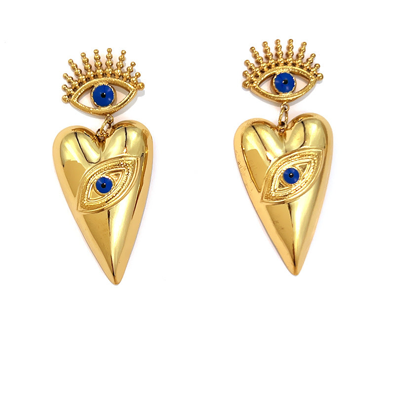 18k Gold-Plated Stainless Steel Dripping Oil Evil Eye Heart Earrings Vera Lux