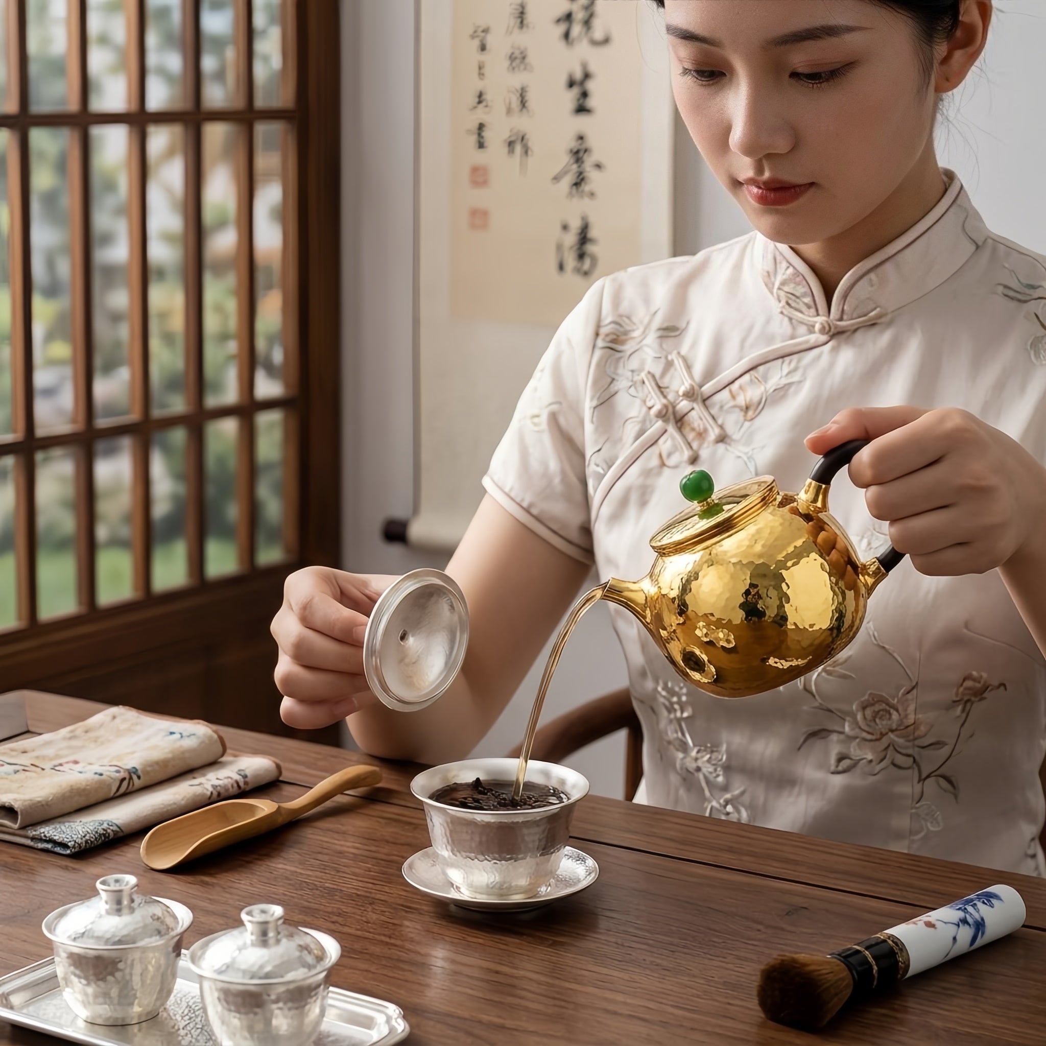 Pure 999 Fine Silver Hammered Metallic Teapot Featuring Green Jade Finial and Elegant Dark Wood Handle - Handicraft Vera Lux