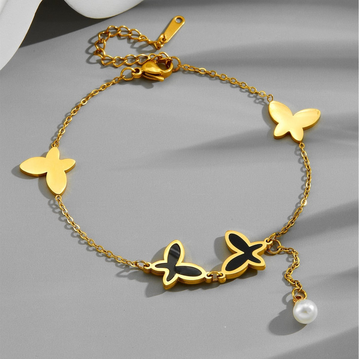 Pearl chain tassel butterfly beach style metal titanium steel anklet Vera Lux