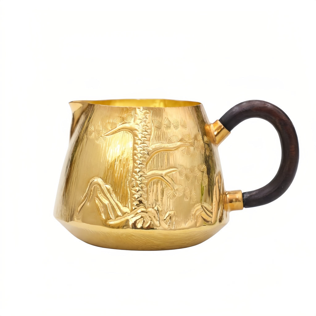 Pure 999 Fine Silver Elegant Handcrafted Gilded Pitcher Featuring Embossed Pine and Mountain Landscape with Dark Wood Handle - Handicraft Vera Lux