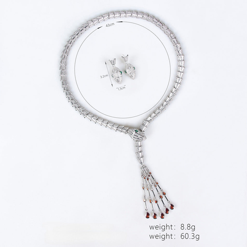 Serpentine Teardrop Tassel Zircon Earrings & Necklace Set Vera Lux