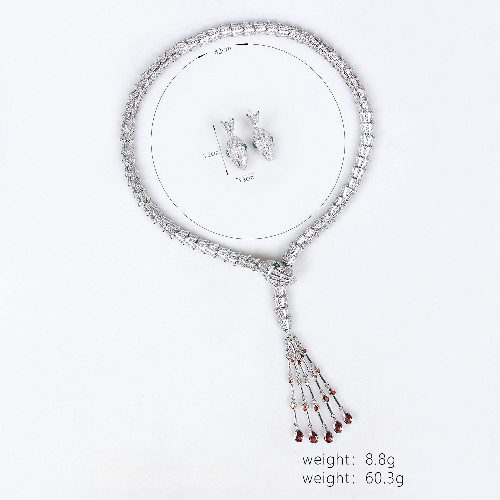 Serpentine Teardrop Tassel Zircon Earrings & Necklace Set Vera Lux