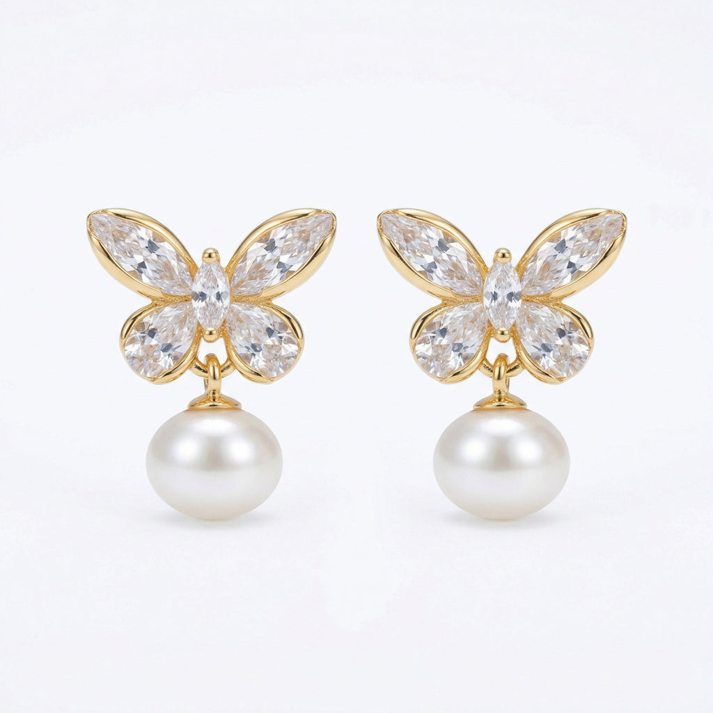 925 Sterling Silver Elegant Crystal Butterfly and Lustrous Pearl Drop Earrings Vera Lux