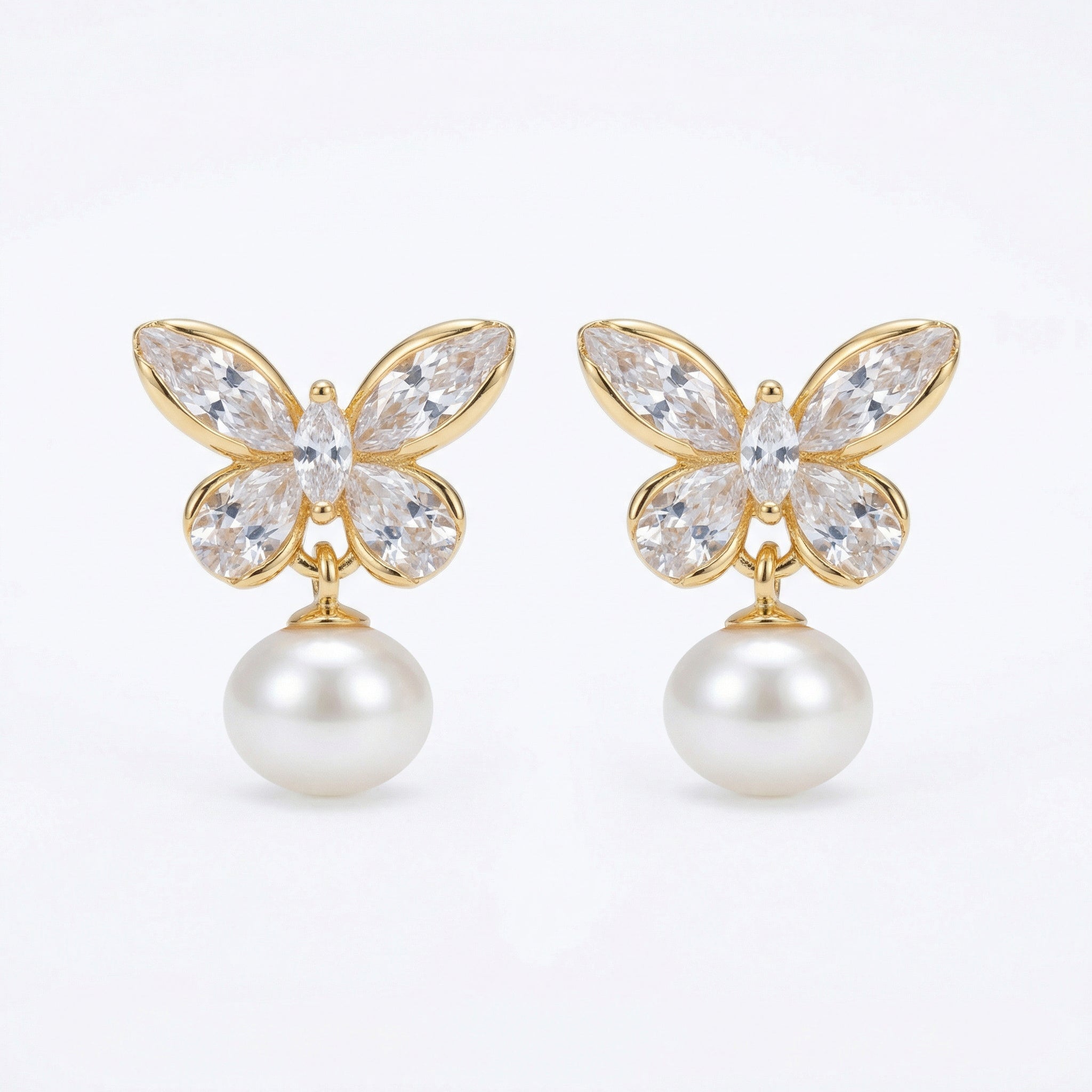 925 Sterling Silver Elegant Crystal Butterfly and Lustrous Pearl Drop Earrings Vera Lux