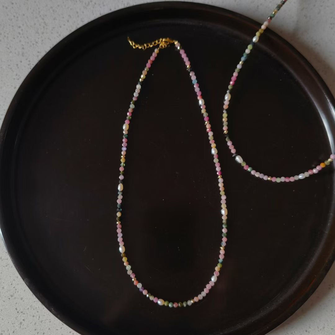 Natural Tourmaline And Freshwater Pearl Beaded Necklace Vera Lux