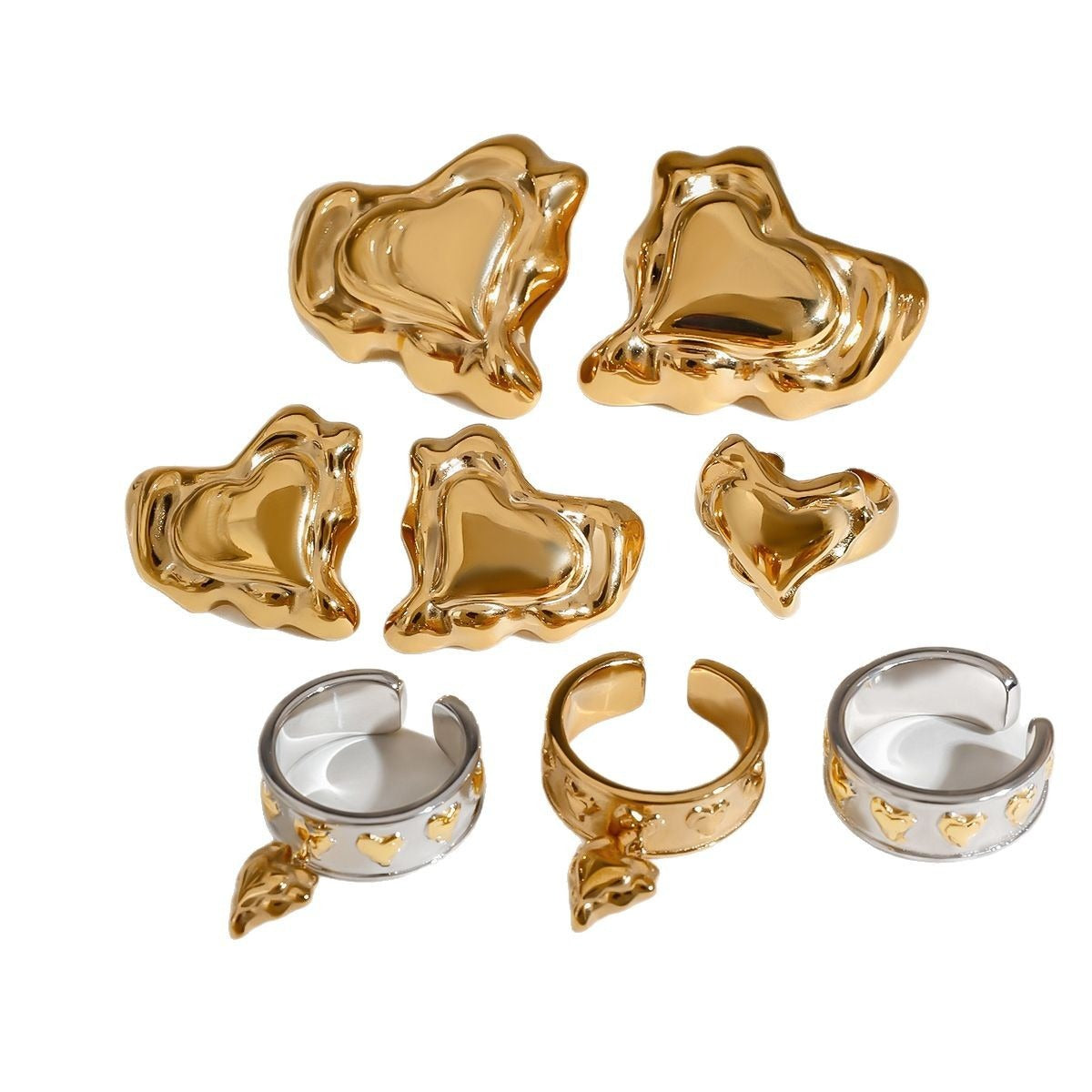 18K Gold Heart Design Trendy Personalized Earring and Ring Set Vera Lux
