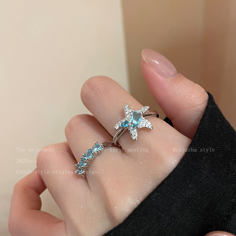 Blue Star Zircon Ring For Women, Luxury Niche High-End Index Finger Ring, Fashion Stackable Adjustable Band Vera Lux