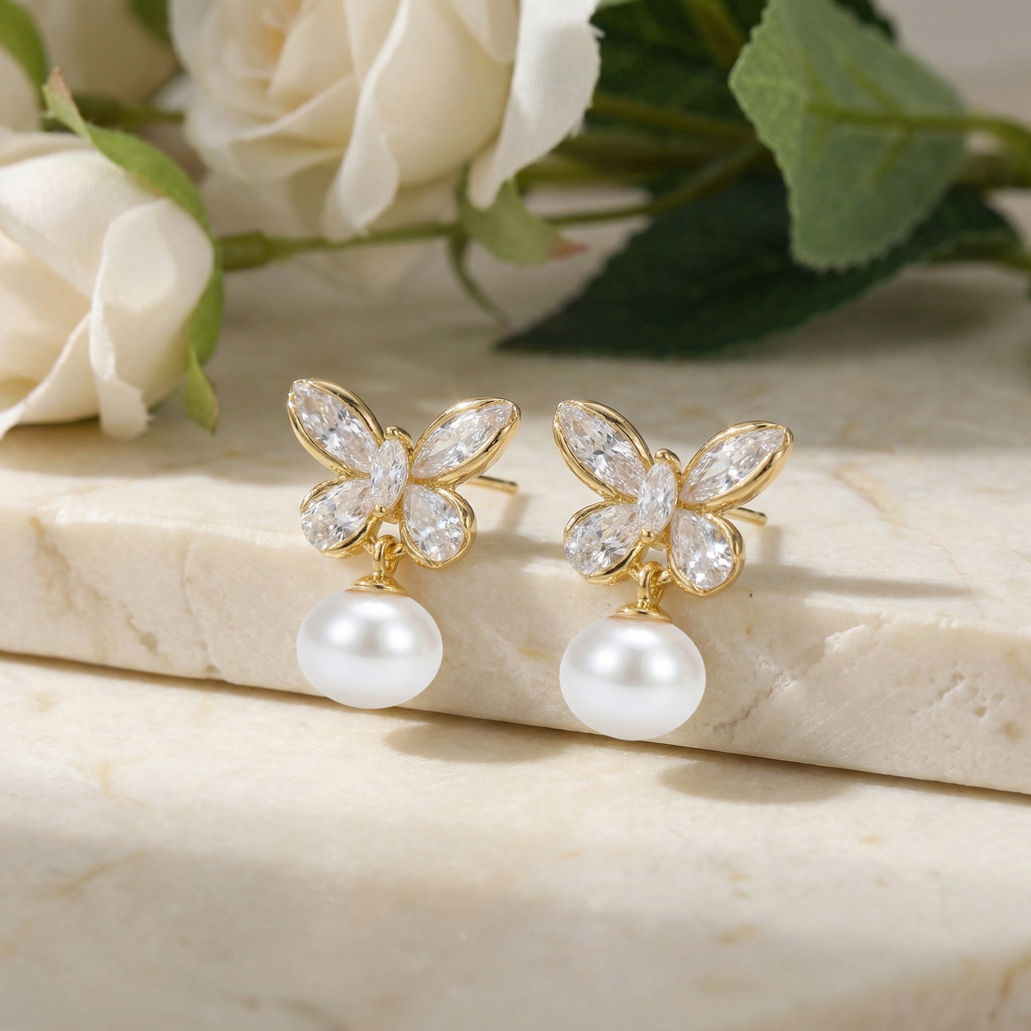 925 Sterling Silver Elegant Crystal Butterfly and Lustrous Pearl Drop Earrings Vera Lux