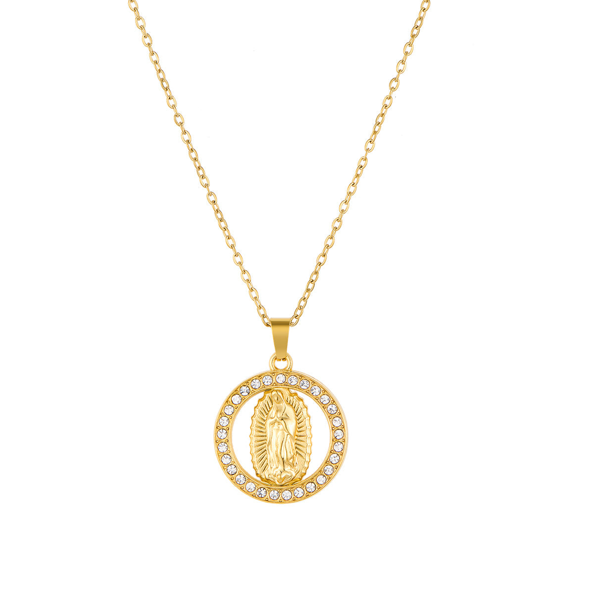 Stainless Steel Inlaid Rhinestone Virgin Mary Pendant Necklace Vera Lux