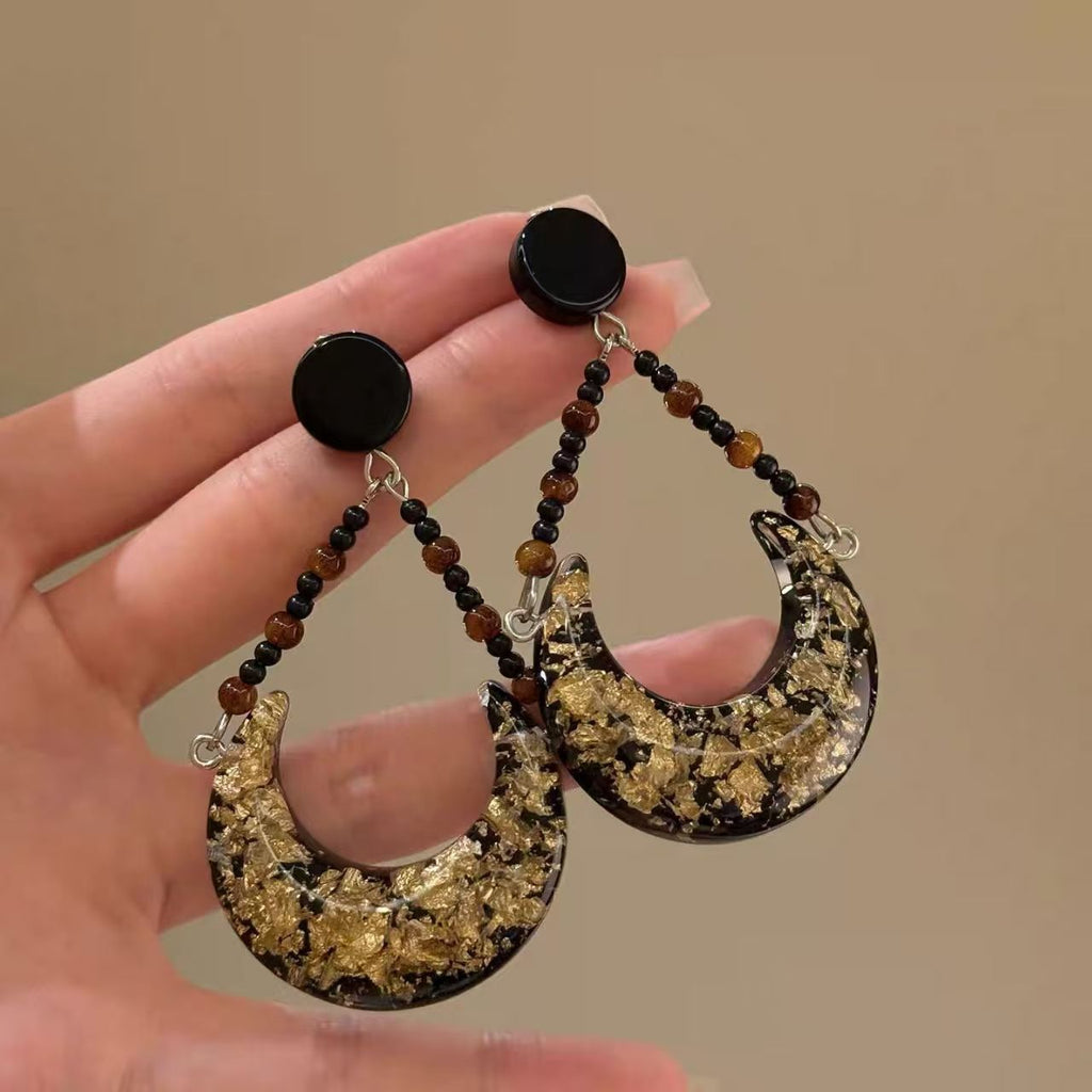 Retro Black & Gold Moon Beaded Stud Earrings, Hong Kong Style Niche High-end Jewelry Vera Lux