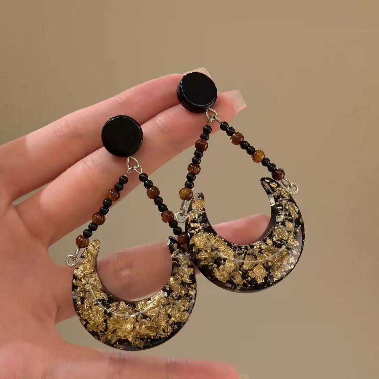 Retro Black & Gold Moon Beaded Stud Earrings, Hong Kong Style Niche High-end Jewelry Vera Lux