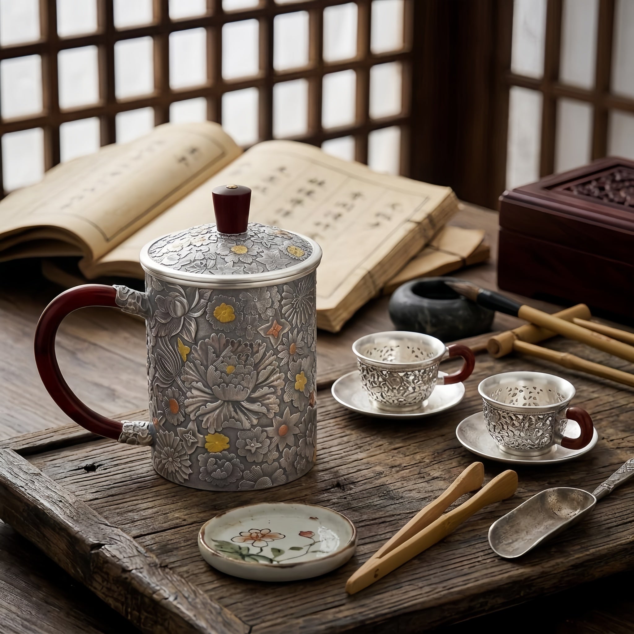 Pure 999 Fine Silver Handcrafted Floral Embossed Silver Tea Mug with Elegant Wood Accents - Handicraft Vera Lux