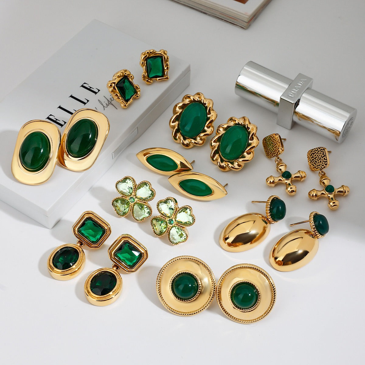 18K gold geometric/flower-shaped inlaid gemstone design light luxury noble earrings Vera Lux