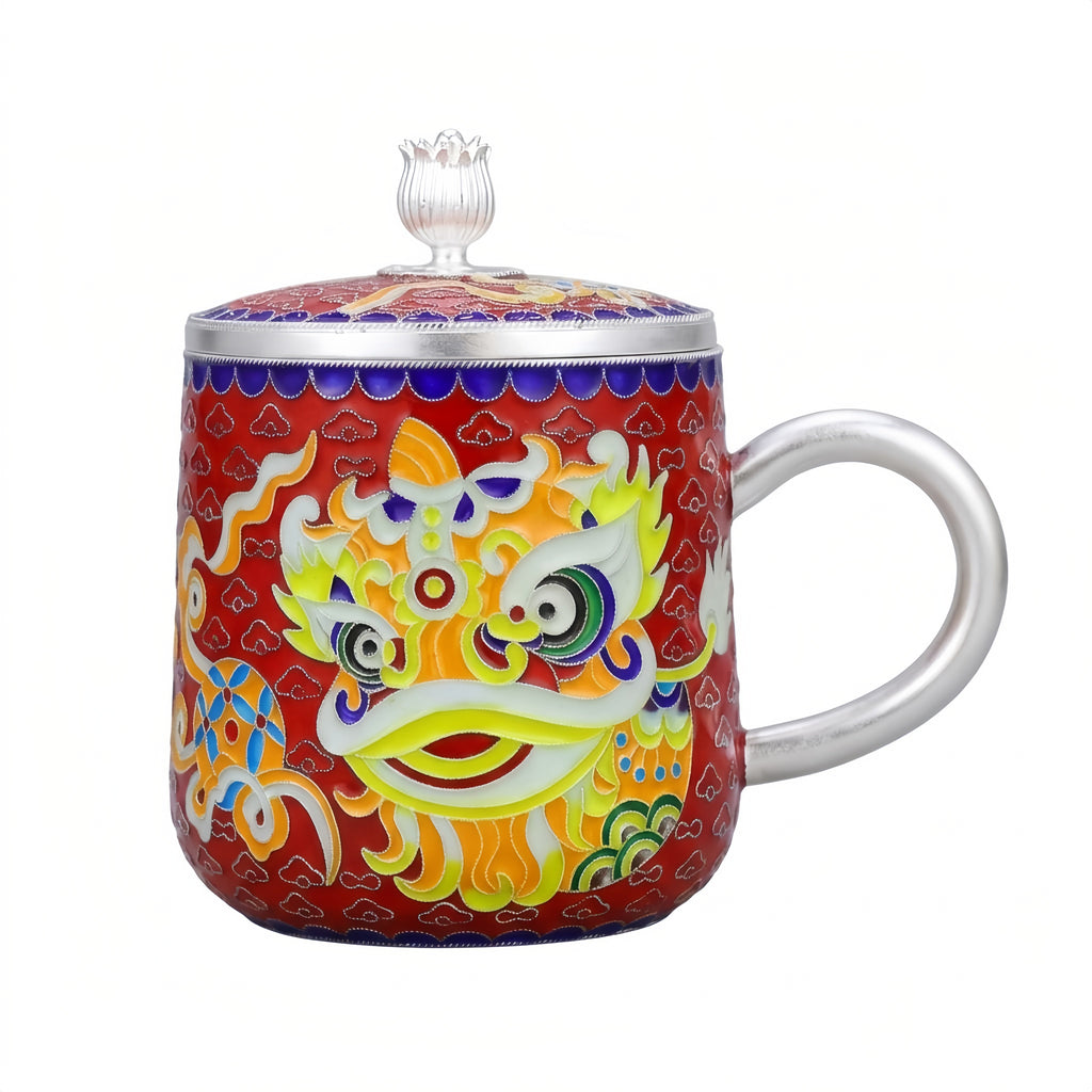925 Sterling Silver Chinese Lion Dance Themed Ceramic Mug with  Accents-Premium Indigo Tea Mug - Handicraft Vera Lux