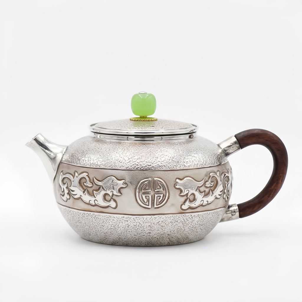 925 Sterling Silver Ornate Silver Dragon Teapot with Green Jade Finial and Elegant Wooden Handle - Handicraft Vera Lux