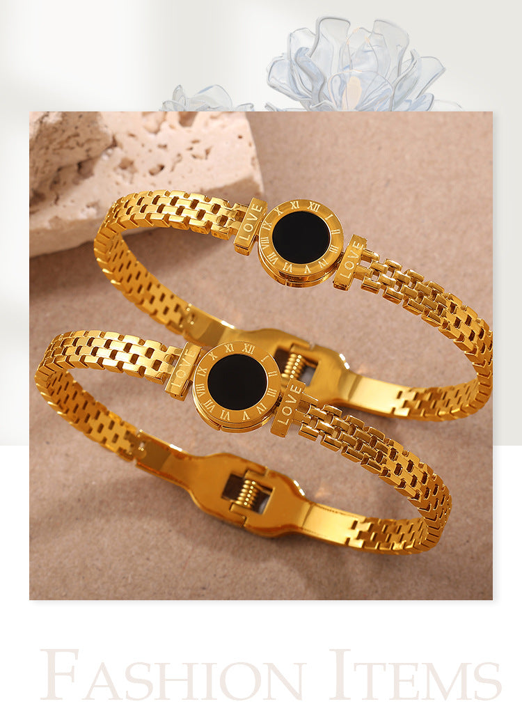 Fashionable, Versatile, Exclusive And Exquisite Wrist Accessory With Unique Style And Light Luxury. Gold Roman Numeral Black Surface Decorative Clasp Bracelet. Vera Lux