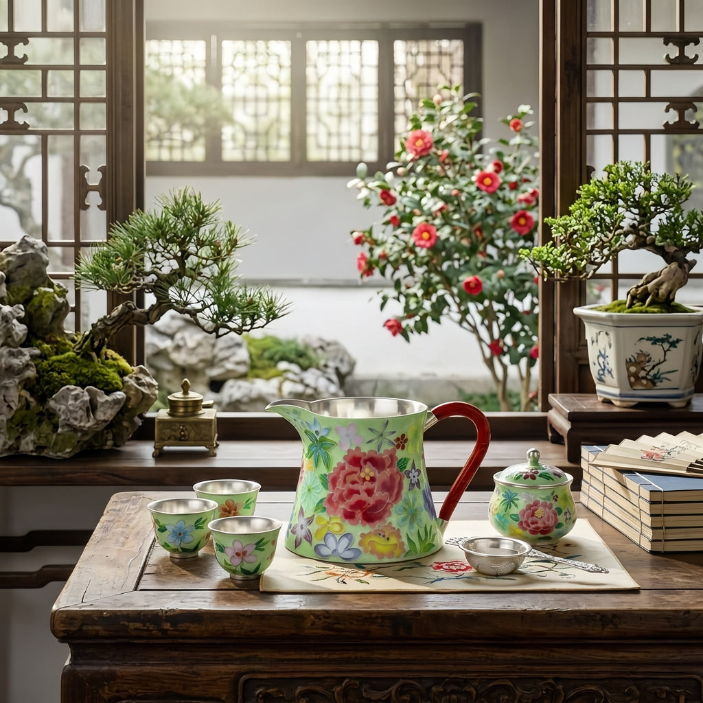 Pure 999 Fine Silver Elegant Hand-Painted Enamel Floral Pitcher with Red Sculpted Handle - Handicraft Vera Lux