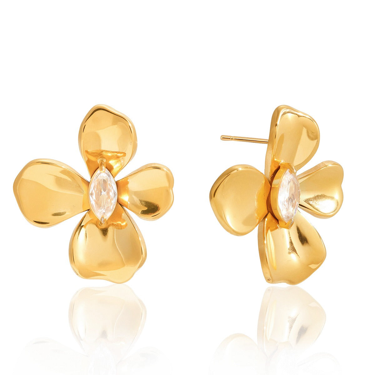 18K gold-plated, luxurious and high-end titanium steel flower-shaped stud earrings with cubic zirconia. Vera Lux