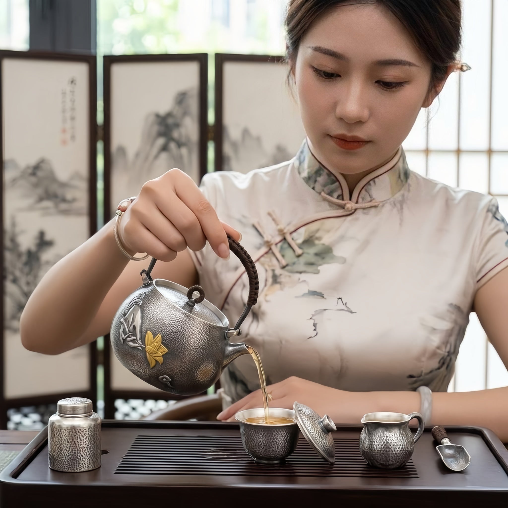 Pure 999 Fine Silver Artisanal Hammered Silver-Finish Teapot with Hand-Carved Gilded Lotus and Woven Rattan Handle - Handicraft Vera Lux