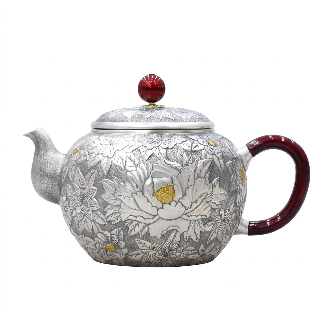 925 Sterling Silver Artisan Handcrafted Silver Teapot with Elegant Peony Engravings and Red Crimson Accents - Handicraft Vera Lux