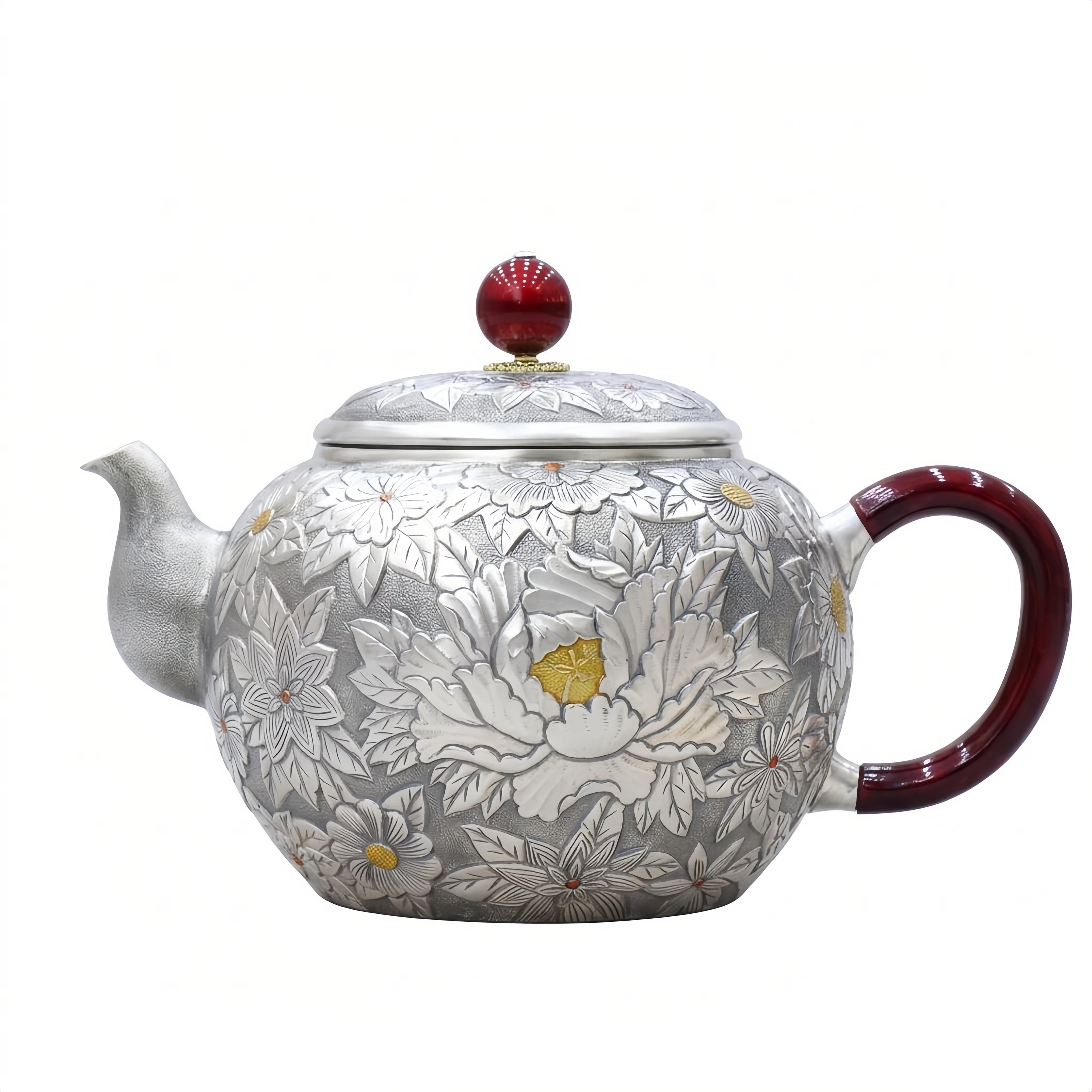 925 Sterling Silver Artisan Handcrafted Silver Teapot with Elegant Peony Engravings and Red Crimson Accents - Handicraft Vera Lux