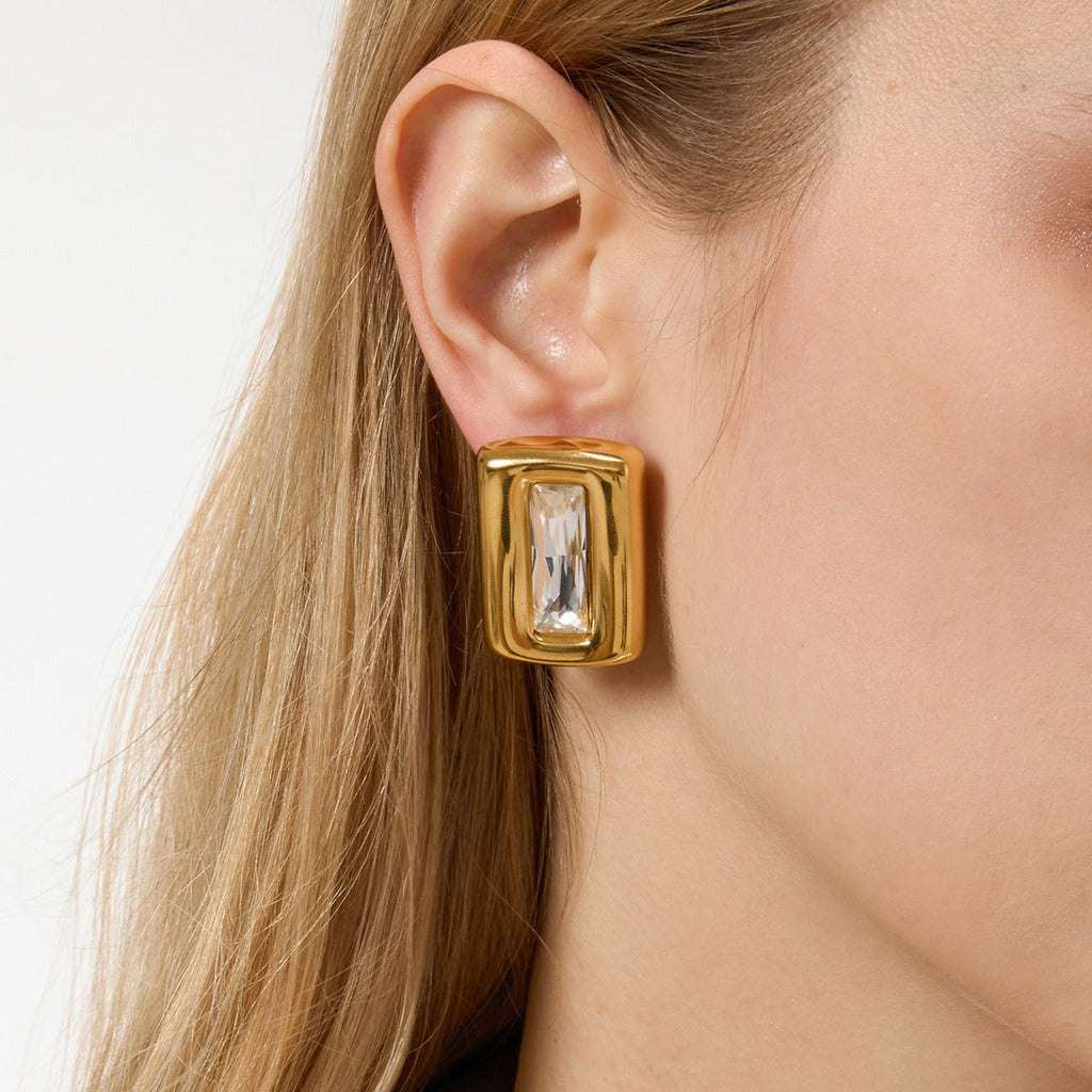 Square 18K gold-plated titanium steel stud earrings with embedded cubic zirconia. Vera Lux
