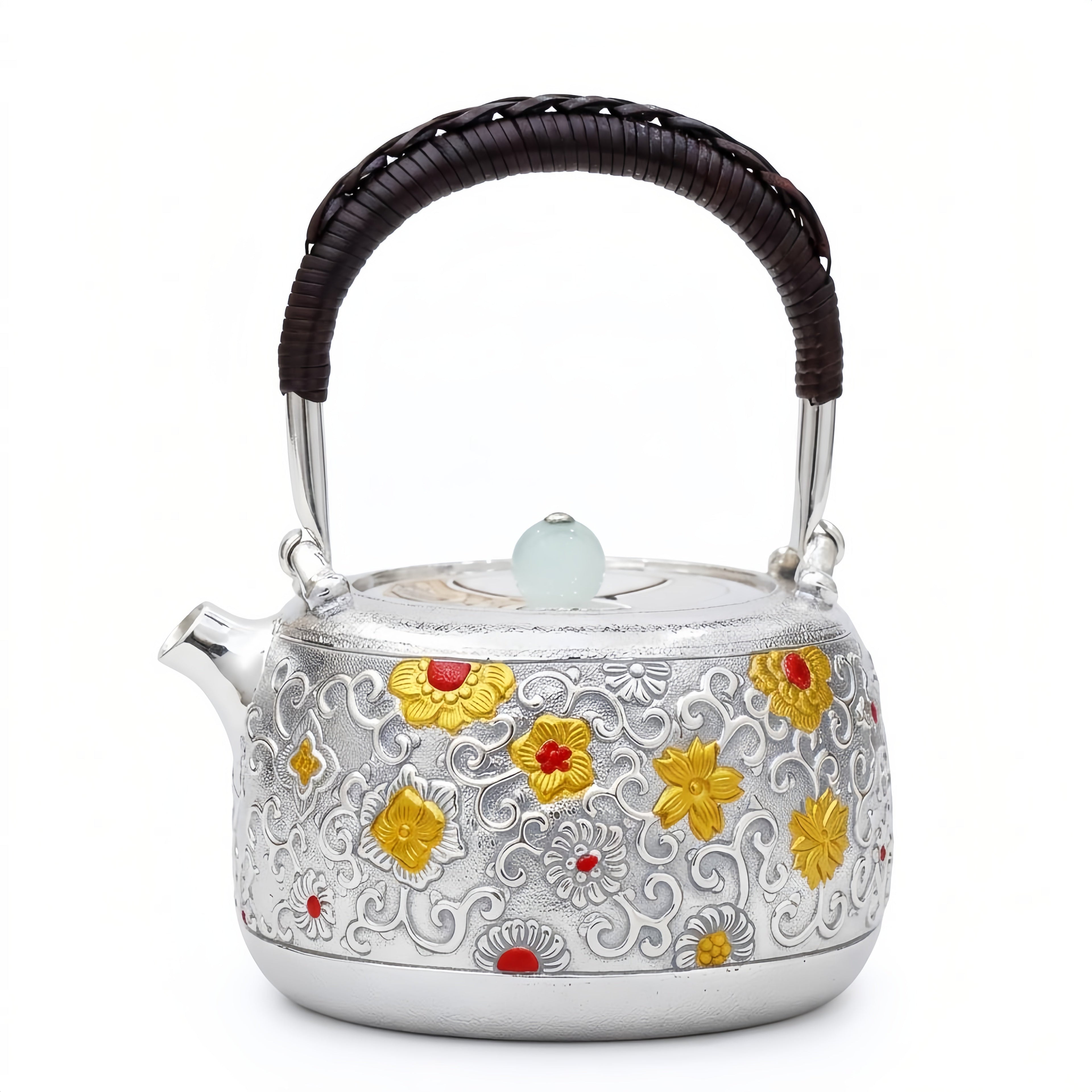 Pure 999 Fine Silver Ornate Handcrafted Silver Teapot Featuring Intricate Floral Relief and Woven Handle - Handicraft Vera Lux