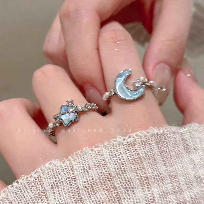 Glacier Blue Star Moon Open Ring For Women, Light Luxury Minimalist High Grade Index Finger Ring Vera Lux