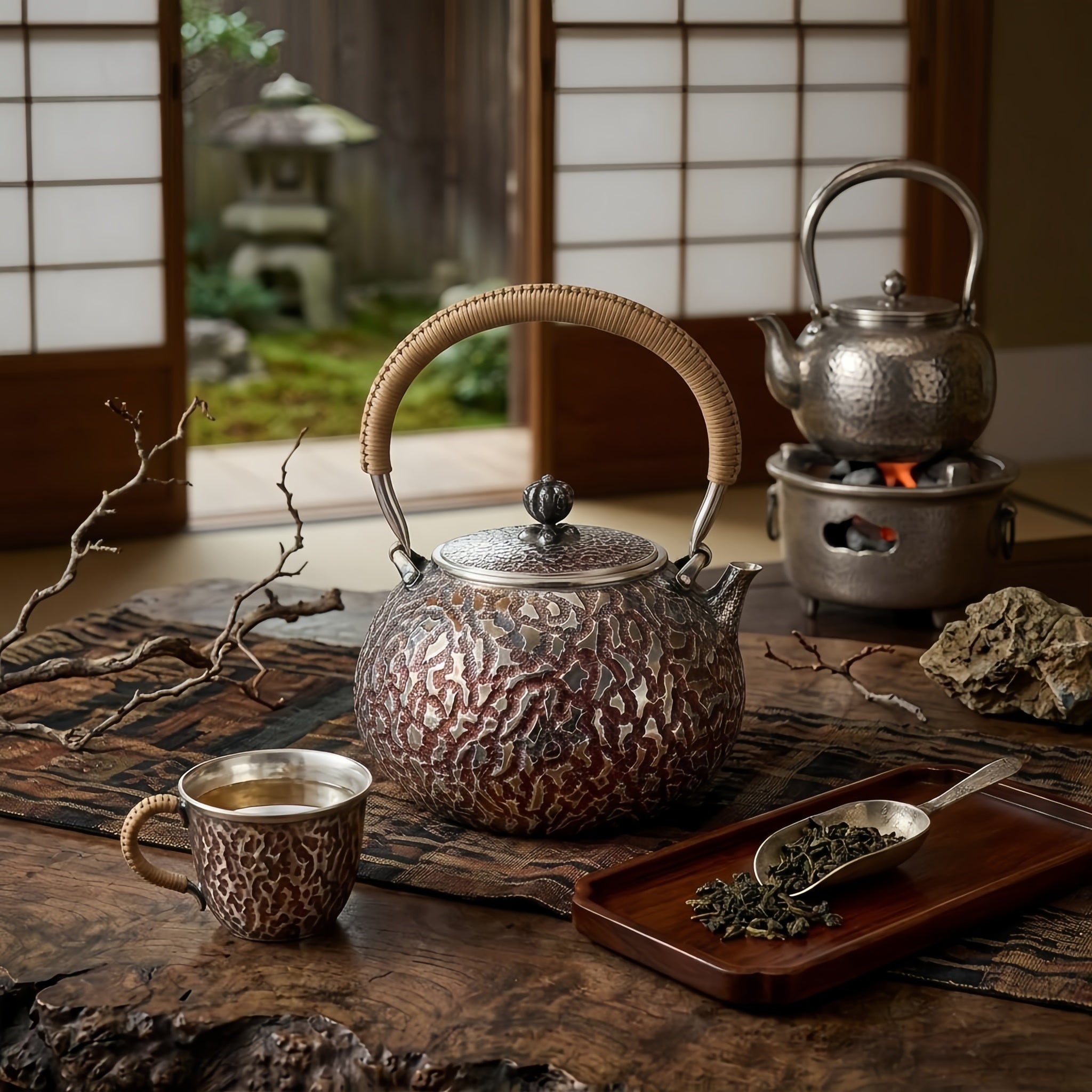 925 Sterling Silver Exquisite Handcrafted Silver-Toned Teapot with Ornate Patterning and Cord-Wrapped Handle - Handicraft Vera Lux