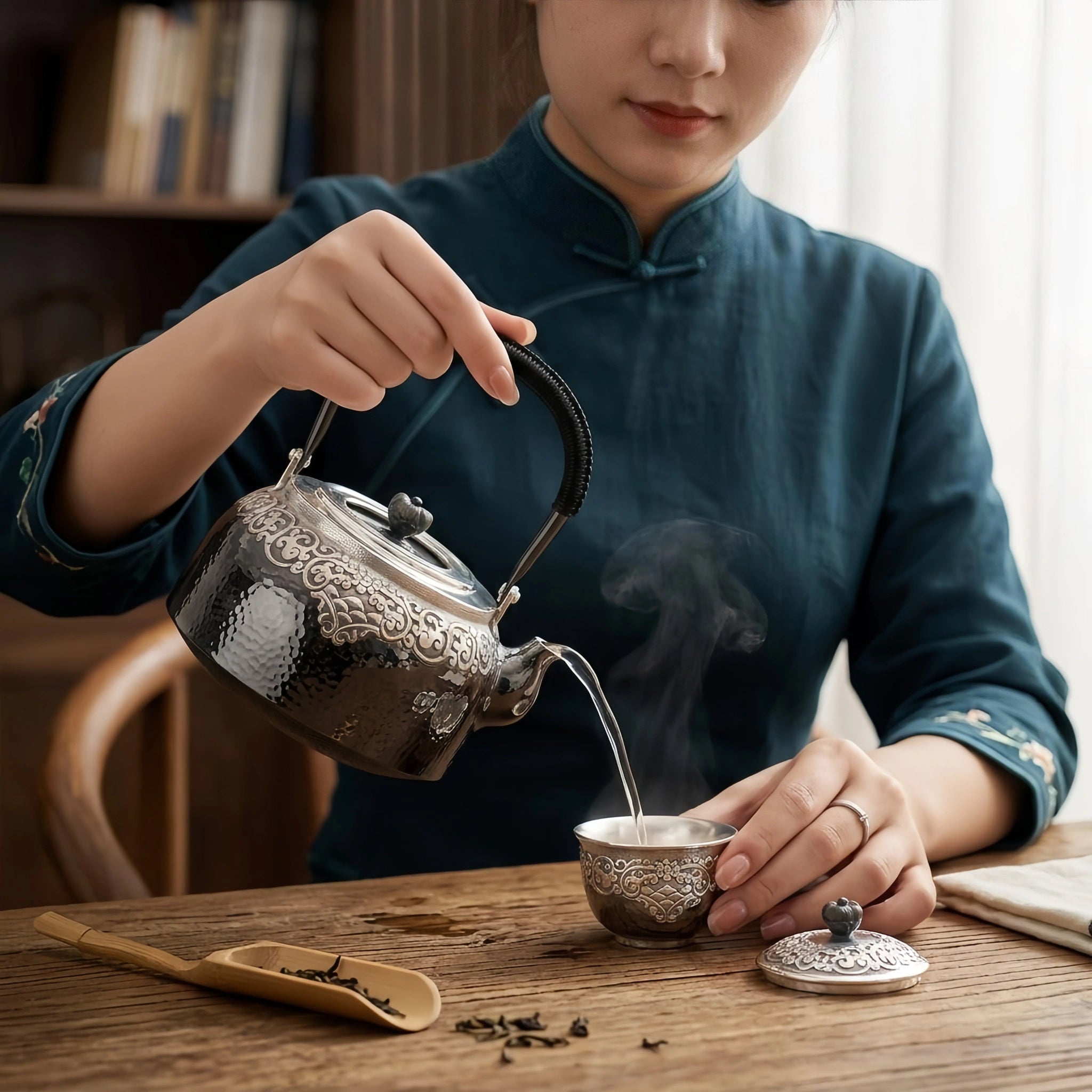 925 Sterling Silver Hand-Hammered Silver Teapot with Intricate Filigree Engraving and Wrapped Handle - Handicraft Vera Lux