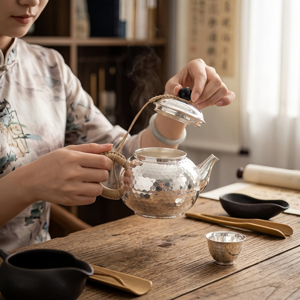 Pure 999 Fine Silver Hammered Silver Teapot with Woven Insulated Handle and Black Finial - Handicraft Vera Lux