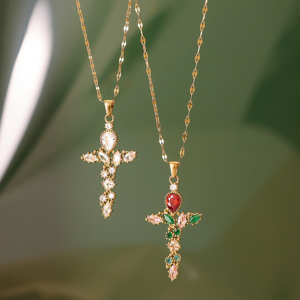 18K Gold Cross Inlaid Gemstone Design Exquisite Fashion Necklace Vera Lux