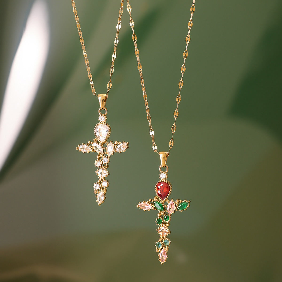 18K Gold Cross Inlaid Gemstone Design Exquisite Fashion Necklace Vera Lux