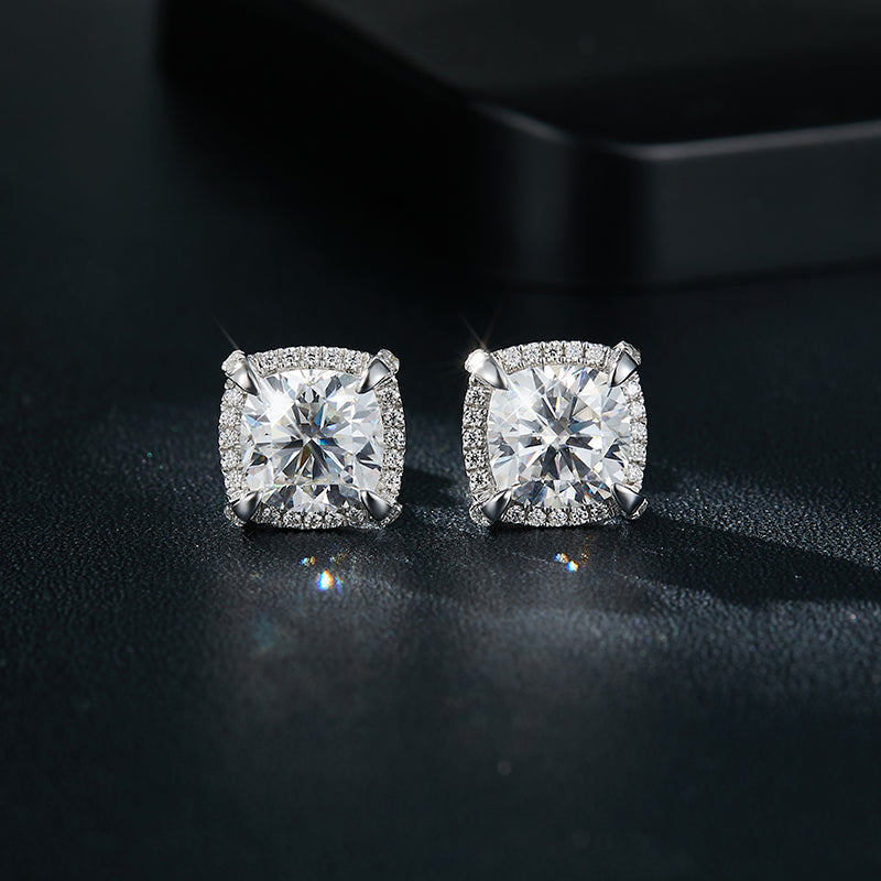 S925 Sterling Silver 8x8mm Cushion Cut Moissanite Stud Earrings  Platinum Plated Halo Setting With GRA Certificate Luxury Jewelry Gift Box Set For Women Vera Lux