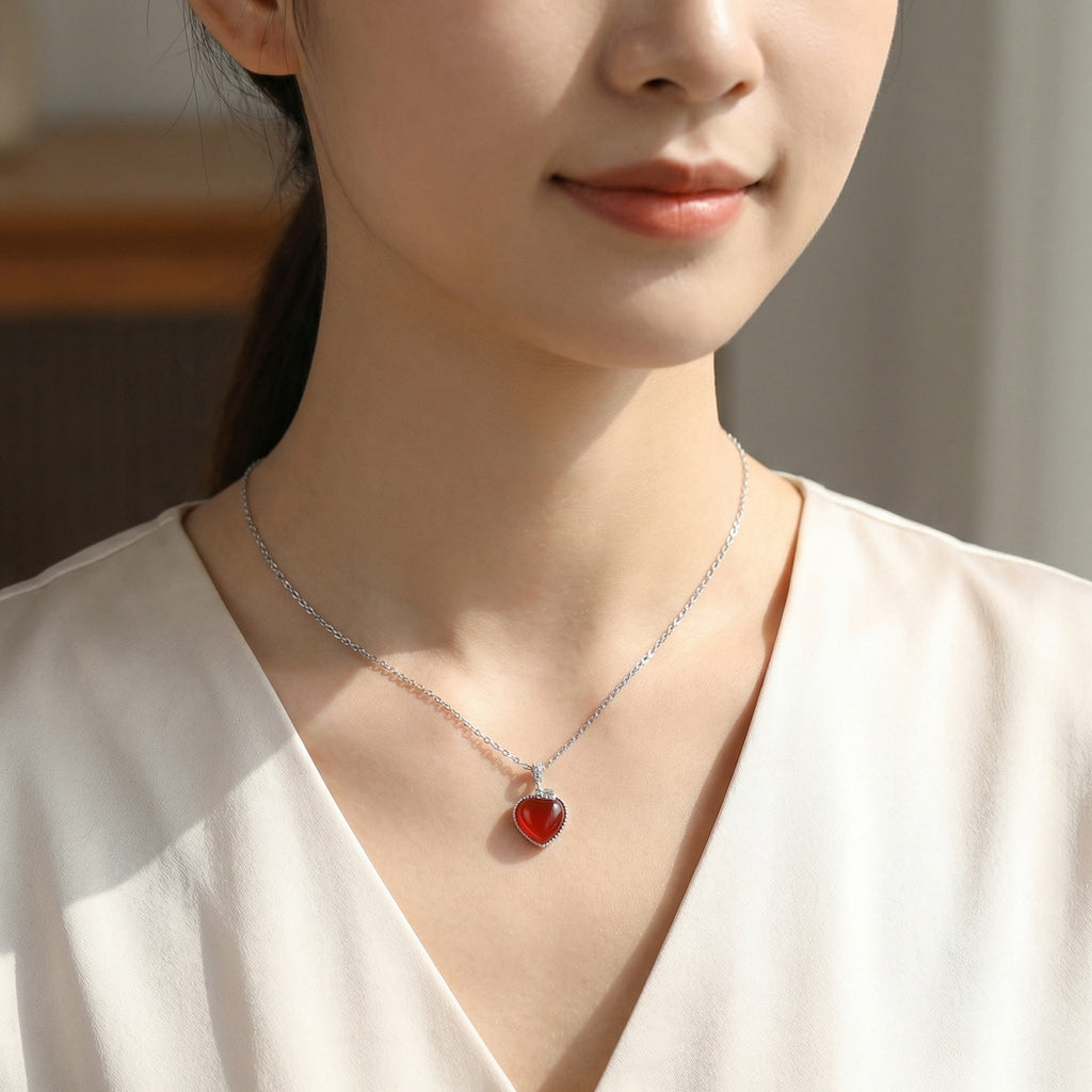 925 Sterling Silver Elegant Sterling Silver Heart Necklace with Vibrant Red Gemstone Pendant Vera Lux